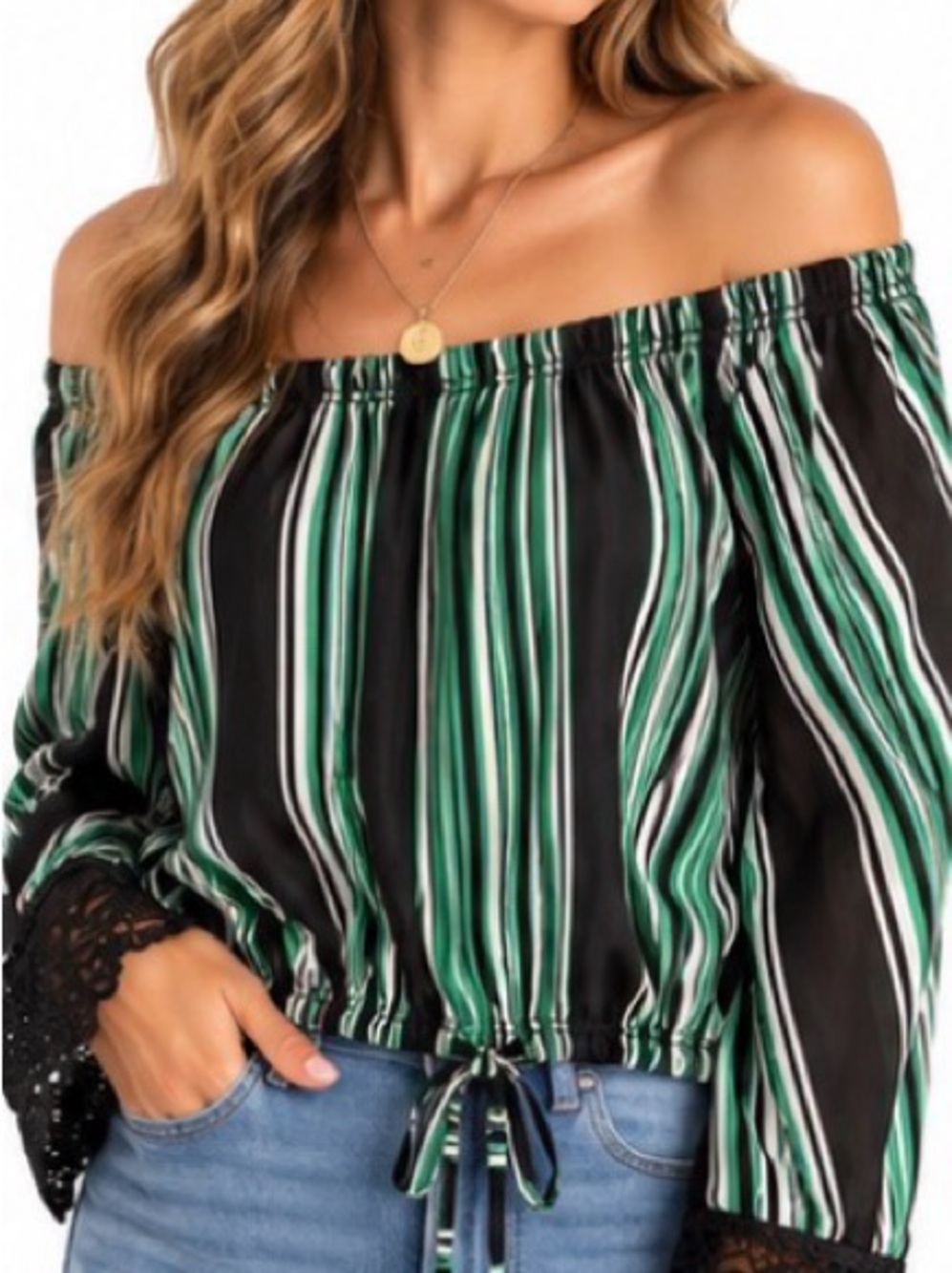 Paper + Tee M Green Black Striped Off Shoulder Lace Sleeve Top NWT